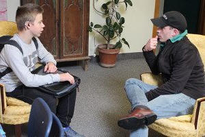 Zac Feury '04, meeting with student Luke Sclater-Booth '19 - a product of Zac's student teaching in Nancy Henderson's Humanities and English 8 classes. 